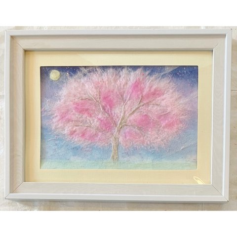 和紙ちぎり絵『満月と桜の木』葉書サイズ原画