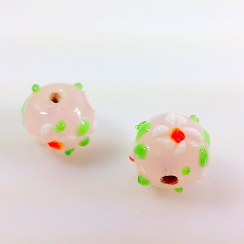 トンボ玉 とんぼ玉 直径12mm×2個 レトロ デコ花 ピンク