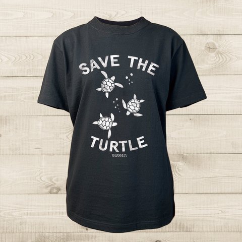 ハワイアンデザインTシャツ ウミガメ ユニセックスサイズ BLACK 半袖カットソー 海亀のイラスト シルエット