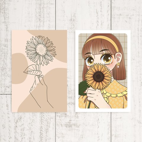 ポストカード2枚セット【花と女の子(黄)】