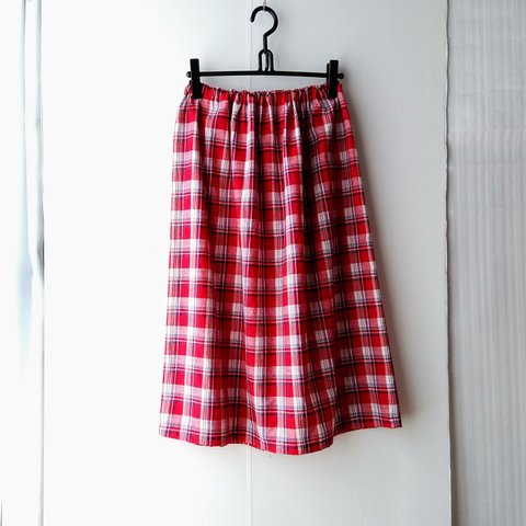 赤いチェックのお家でくつろぐギャザースカート～ウエストフリーサイズ・スカート丈70・75・80㎝