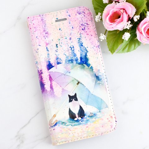 【帯なし】花と猫手帳型スマホケース