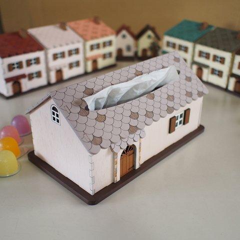木製ティッシュBOXハウス グレーシュピンク色屋根