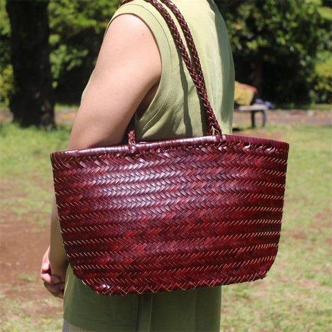 牛革 革編み込み かごバッグ 籠 トートバッグ レザー メッシュ鞄 BAG バッグ リゾート 肩がけ 手提