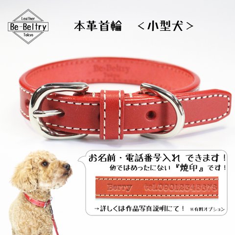 【送料無料】本革レザー首輪〈小型犬〉赤色　幅１７ｍｍ　首回り～３２cm対応可　高級ヌメ革使用