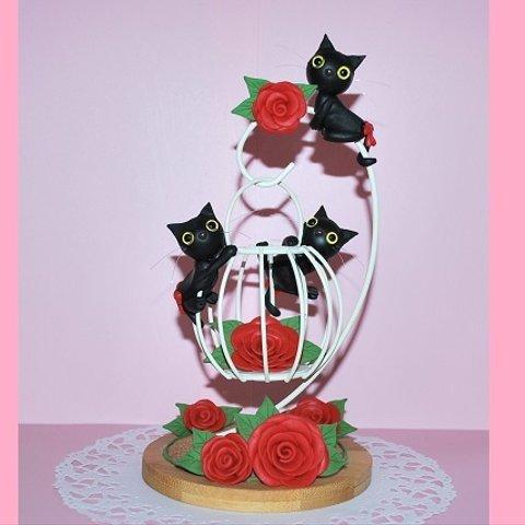 ワイヤースタンドプランプラン黒猫ちゃん（赤バラ）★送料無料★