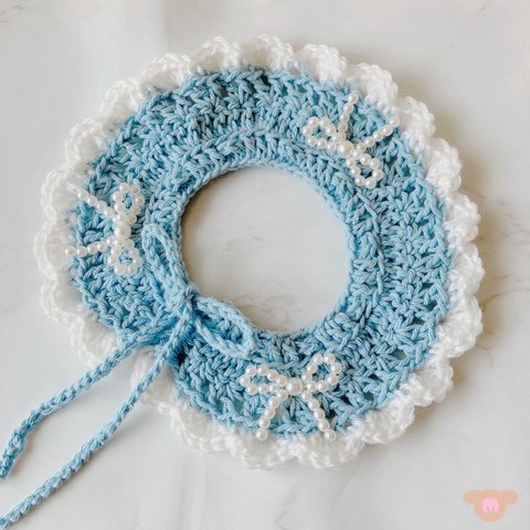 パールリボンスタイ🎀水色　手編み