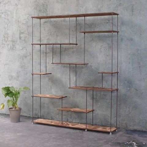 【即納】wood iron shelf 1500*1200*225〈ブラウン〉アイアン 棚 ラック シェルフ ウッド 鉄 木 収納棚 カフェ シェルフ A4 オープンラック 両面棚 店舗什器