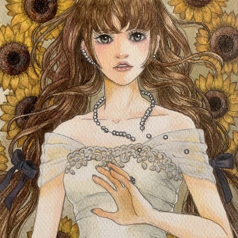 半額SALE!水彩画原画【Flowers and Girls　ひまわり】送料無料！