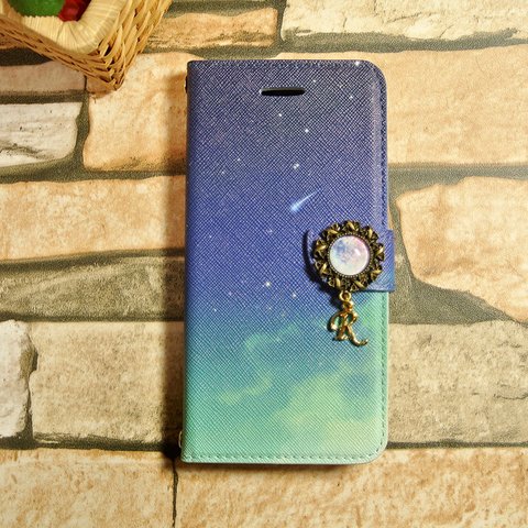 夜空 流れ星  iphone6plus/7plus手帳型ケース イニシャル カボション 北欧