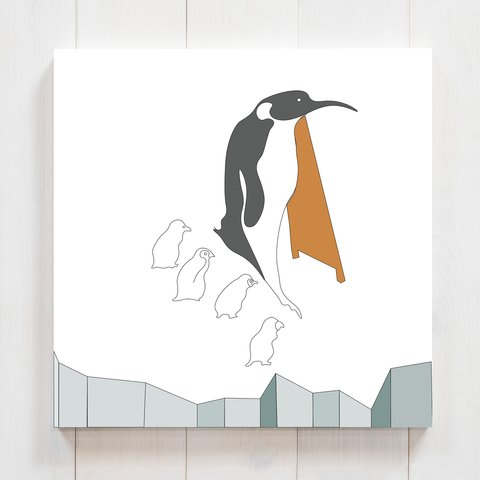 ペンギン立て看板に興味津々　正方形キャンバスプリント・ファブリックパネル