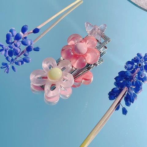 キッズアクセサリー　韓国　蝶　花　フラワー　ピンク　大きめ　春