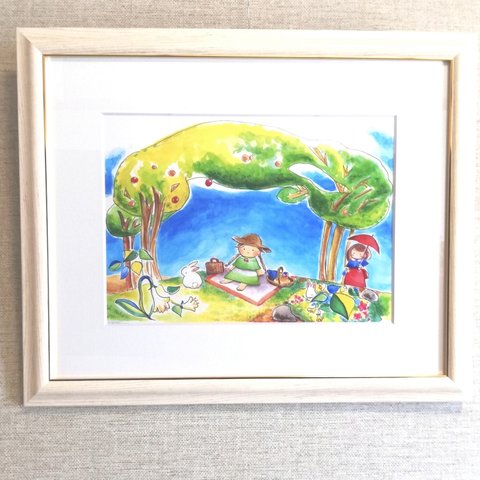 ピクニック　水彩画　F4　絵画ポスター　Art_mao