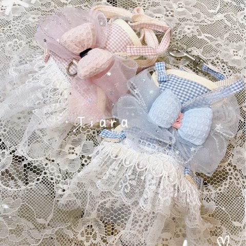 💐Princessdogdress💐チェック柄可愛いフリルレーススカートとリード付きお散歩セット　胴輪　首輪