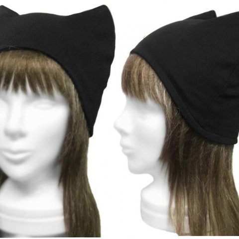 シンプル 猫耳帽子◆コットンニット／ブラック　◇ゆったりサイズ・オールシーズン着用◇