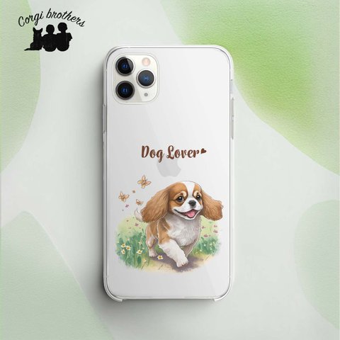 【 自然に囲まれた キャバリア 】 スマホケース　クリアソフトケース　犬　犬グッズ　プレゼント　アンドロイド対応