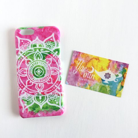 【春・夏】モロッコ風曼荼羅柄 グリーンとピンクのエスニックiPhone/Androidケース