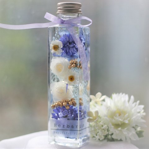 お花いっぱい♡ハーバーリウム★パープルデイジー＆ホワイトローズ・17㎝角ボトル