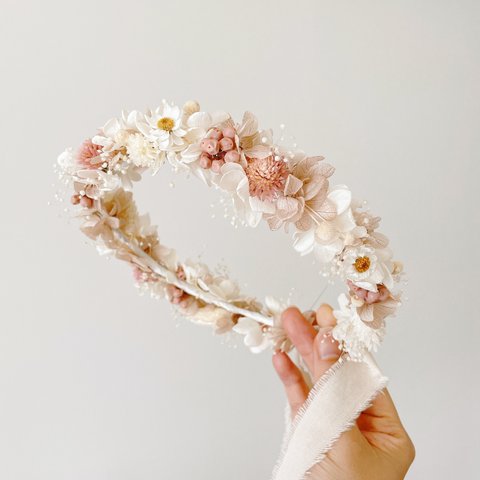 NEW【Flower crown】ドライフラワー　プリザーブドフラワー　花かんむり　花冠　キッズ　ベビー　結婚式　ピンク　ナチュラルカラー