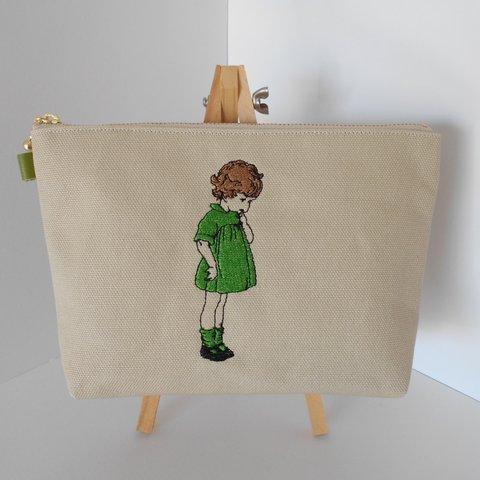  可愛いフランスの女の子刺繍の帆布のポーチグリーン １６㎝１８㎝２０㎝
