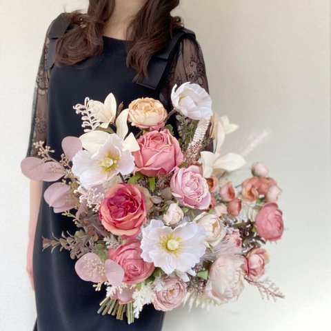 ピンクベージュポピーブーケ silkflower wedding bouquet