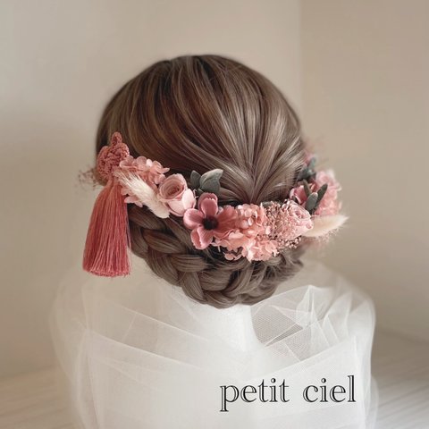 ベージュピンクの叶結びとローズの髪飾り　アネモネ　成人式　卒業式　振袖　袴　ヘッドドレス　和装