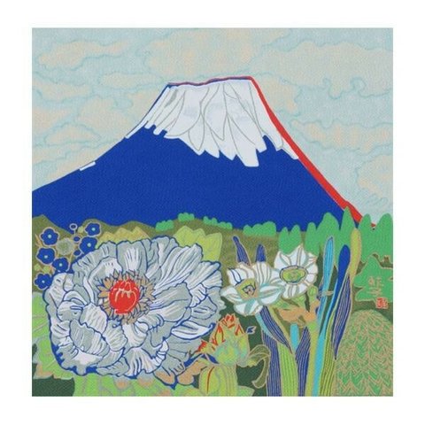 風呂敷　ふろしき  片岡球子　牡丹に富士山　ブルー　絹100％　45cm×45cm　【送料無料】