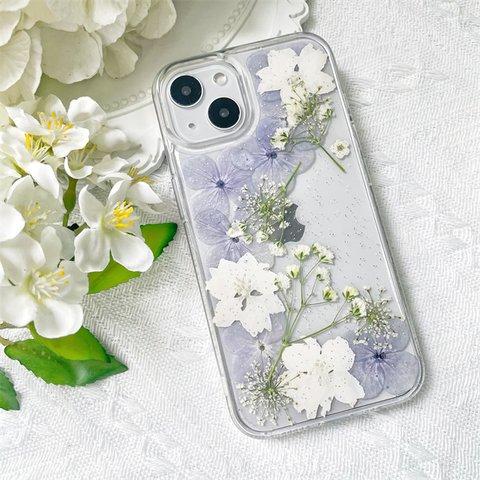 紫陽花押し花スマホケース、全機種対応、ストラップホルダ一、iFace風、手帳型、iPhone14、iPhone14Pro、iPhone14plus、iPhone13、iPhone12、iPhone8