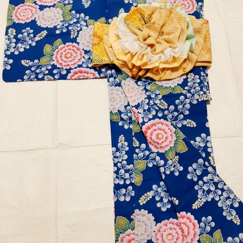 Mサイズ【新品】　ワンタッチ浴衣　くらわん浴衣　紺地桃色藤色花模様