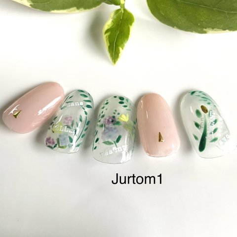 再販　Jurtom 43  クリア小花チップ　ネイルチップ透け感ネイボタニカルネイルチップ　手描きネイル