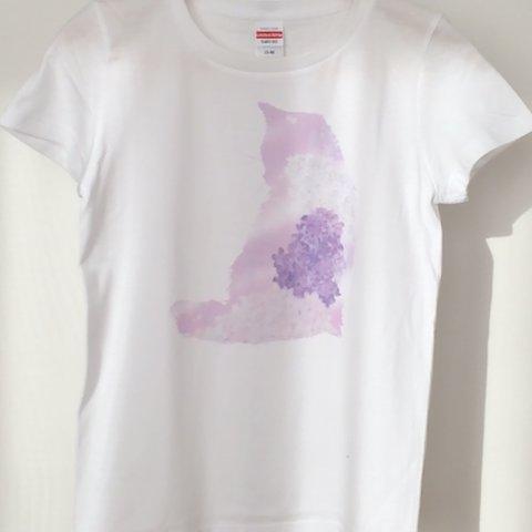 可愛い子猫とライラックＴシャツ　薄紫　受注制作