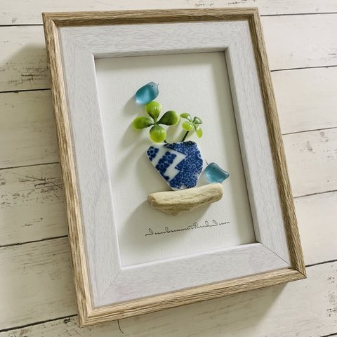 シーグラスアート幸せの青い鳥  小鳥 インテリア雑貨 壁掛け 置物 卓上 北欧 観葉植物 贈り物 ギフト プレゼント