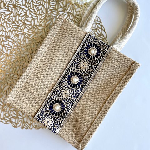 ♡リバーシブル♡インド刺繍リボンのジュートバック♡