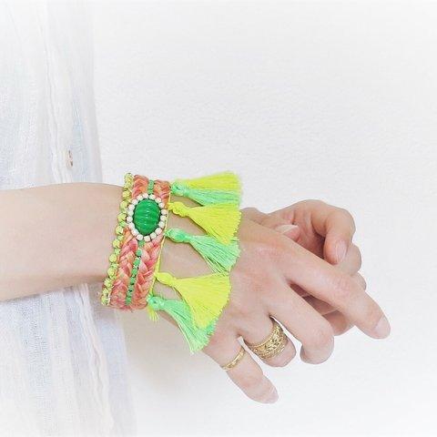 ヴィンテージバングル タッセル グリーンイエロー vintage bangle braids <BG-bdN1>