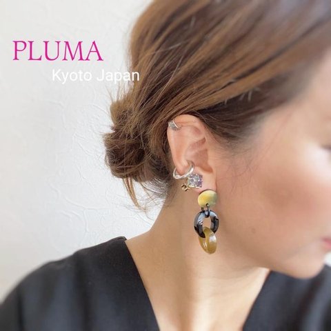 バッファローホーン ピアス イヤリング 2連　ステンレスポスト　pluma_a_015