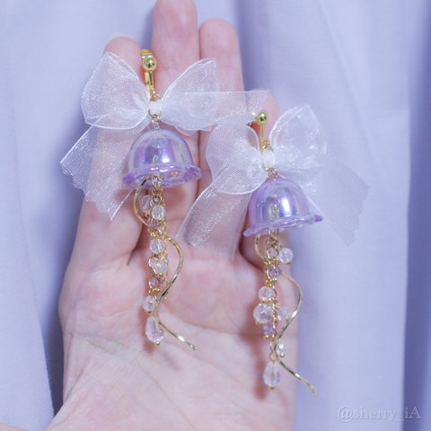 sugary jewelry fish【ロリィタ/ロリータ　マーメイド　人魚姫　オーロラ　サックスブルー　リボン　パール　ピアス／イヤリング】