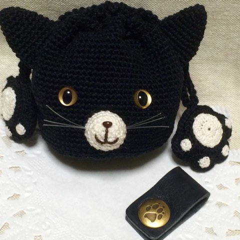 キラリ☆瞳の黒猫イヤホン巾着ポーチ(イヤホンクリップ付き)