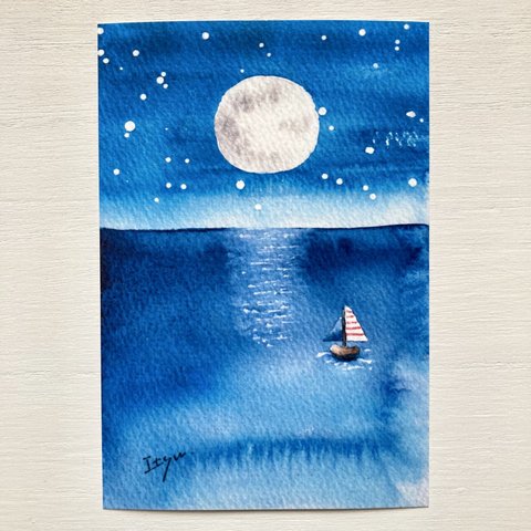透明水彩画「満月の夜の海」北欧イラストポストカード2枚セット 絵ハガキ　海　ヨット　満月　月　星　星座　星空　癒し