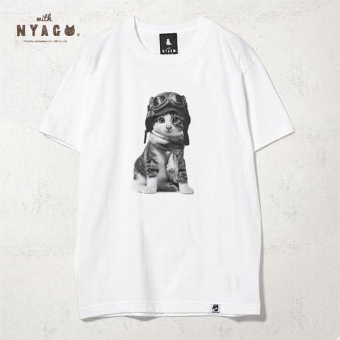 with NYAGO Tシャツ 半袖 猫 グラフィックシャツ tシャツ［ パイロット ノアちゃん キジ白 モノクロ 1014 ］