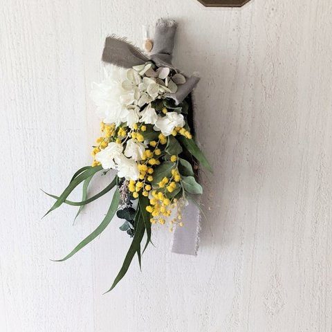 ミモザのミニスワッグ（A）　白イエロー　花束　春色壁飾り