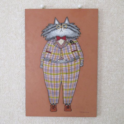 【原画】チェックのスーツのおしゃれな猫