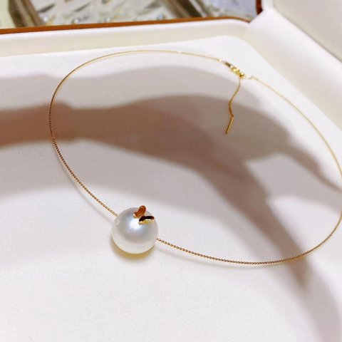 【高級】天然南洋白蝶真珠　一粒ネックレス14-15mm　k18