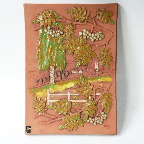 【北欧インテリア】ジイ・ガントフタ 大サイズ陶板「森を抜けた村」北欧ヴィンテージ スウェーデン製