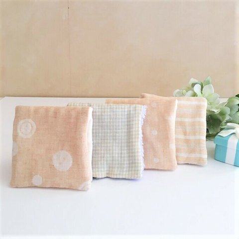 A＊the first present to baby*オーガニックコットンガーゼハンカチ4set*ボタン*チェック*ストライプ*ドット*organic cotton*コンパクト*ポケット