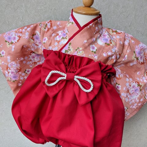 ベビー袴　　桜サーモンオレンジ✕濃赤　ひなまつり　和柄