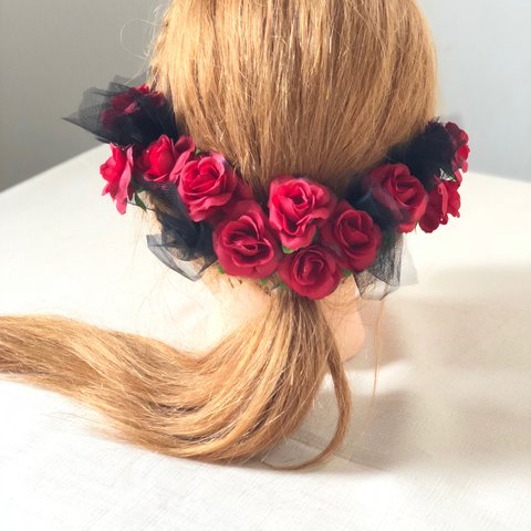 髪飾り☆赤バラ×黒チュール