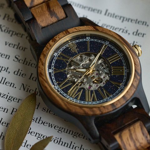 【木製腕時計】EINBAND Frieden ブルーサンドストーン×ゼブラウッド＆エボニー 機械式 自動巻き木製腕時計 40mm