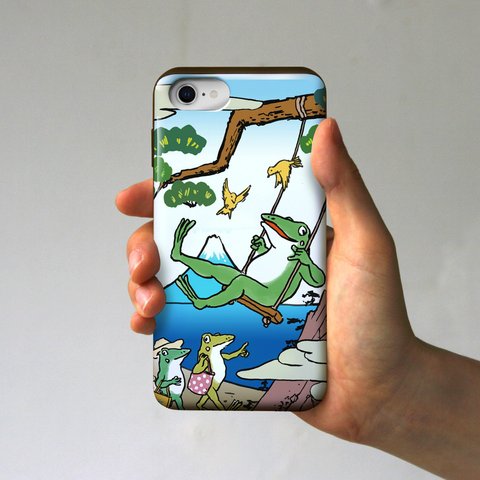 ICカード対応iPhoneケース　カエルがブランコ（浮世絵風）