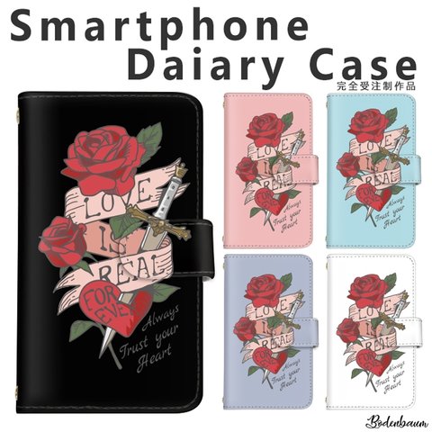 【f-388◎】受注制作 薔薇 剣 ハート ロック パンク スマホケース 手帳型 アンドロイド アイフォン ケース