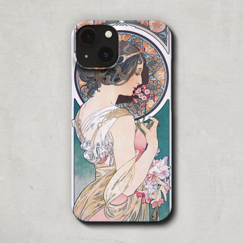 スマホケース / アルフォンス ミュシャ「桜草 (1896)」 iPhone 全機種対応 iPhone14 Pro Plus SE 桜 花 女性 名作 イラスト リトグラフ レトロ 個性的